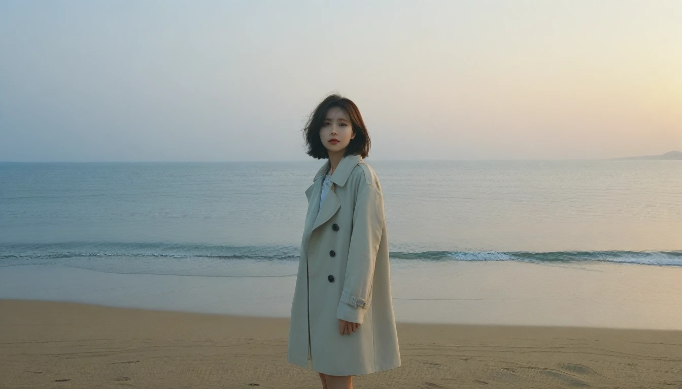 8K, Vivid picture quality, The picture quality is alive, long deserted beach, 멀리서 sunset 뷰, short hair that covers the neck, , trench coat, sunset의 붉은 빛, sunset, alone, afternoon, depressed, tide가 밀려온다, ocean, tide, wind, short korean girl, 잔잔한 tide, Canon Camera 16-35 Wide Angle Lens, full body shot