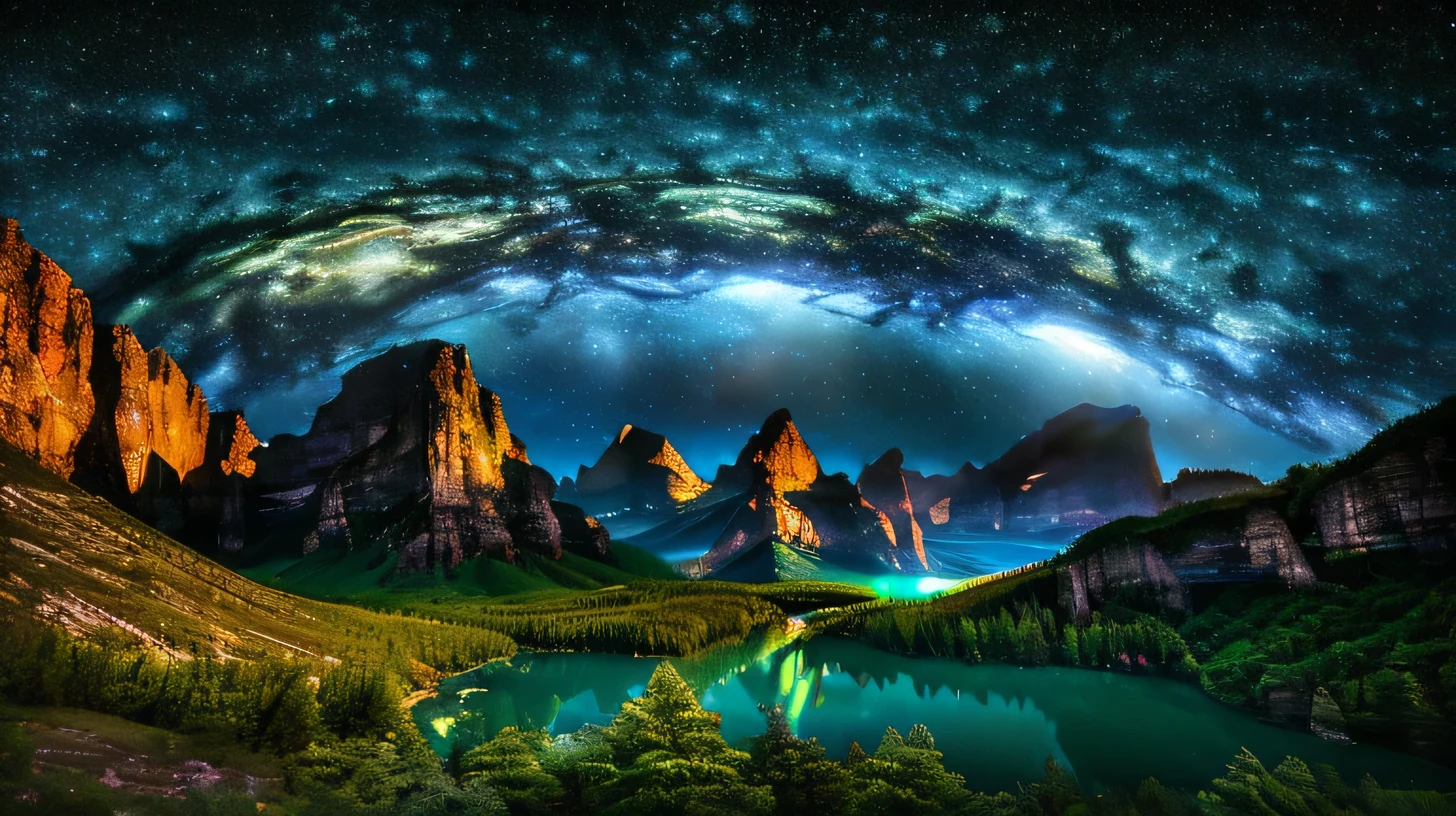 (Highest quality,4K,8K,High resolution,masterpiece:1.2),Super detailed,(Realistic,photoRealistic,photo-Realistic:1.37),Exotic Landscapes,Otherworldly,extraterrestrial,spooky,Unconventional,alien structure,Unusual terrain,Exotic plants,Glowing Plants,Luminescent plants,Starry Sky,Background Galaxy,Ethereal atmosphere,Mysterious atmosphere,Spooky atmosphere,Majestic Mountain々,Surreal colors,Bright colors,Lush greenery,Crystal clear water,Ultra-Realistic Reflections,Quiet Lake,Unfamiliar creatures,Alien species,unique silhouettes,Strange shape,ancient ruins,Remnants of a lost civilization,Ominous clouds,Distant Moon,Alien Technology,Hovering Spaceship,travel between stars,Unexplored World,Undiscovered Possibilities