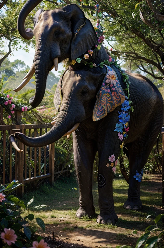 Hyper realistic, 64K. An elephant whose body is decorated with colorful vines and flowers in a mystical forest. Epic, dramatic, highly detailed, very intricate, cinematic.