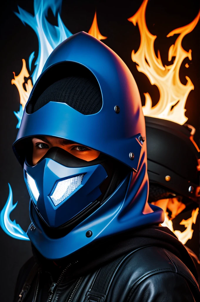 Make a hooded boy with a blue motorcycle helmet with fire flames with black clothes pixelart