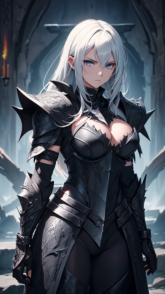 Stunning warrior wearing black armor forged from the scales and bones of Ancalagon, The Black Dragon. The armor is composed of dark metallic plates with a slight bluish glow., engraved with ancient runes. The breastplate fitted to Elara&#39;s body is reinforced and decorated with thorns and details that resemble the dragon&#39;s scales.. The espaliers imitate the dragon&#39;s wings, with sharp edges. The arms are protected by bracers carved in scale patterns, and the legs are covered in greaves and shin guards that offer flexibility and resistance. Elara wears a partial met, leaving your face partially exposed. Her bright, expressive green eyes contrast with her black hair., which falls in gentle waves and is partially pinned back. The hel is adorned with short horns that curve backwards., similar to those of Ancalagon. She holds the Arch of Stars, That shines with an ethereal light, and a legendary dagger, the Blade of Shadow, is attached to your waist. The surrounding scenery is a battlefield, with the colossal body of Ancalagon in the background. NSFW, n eyes