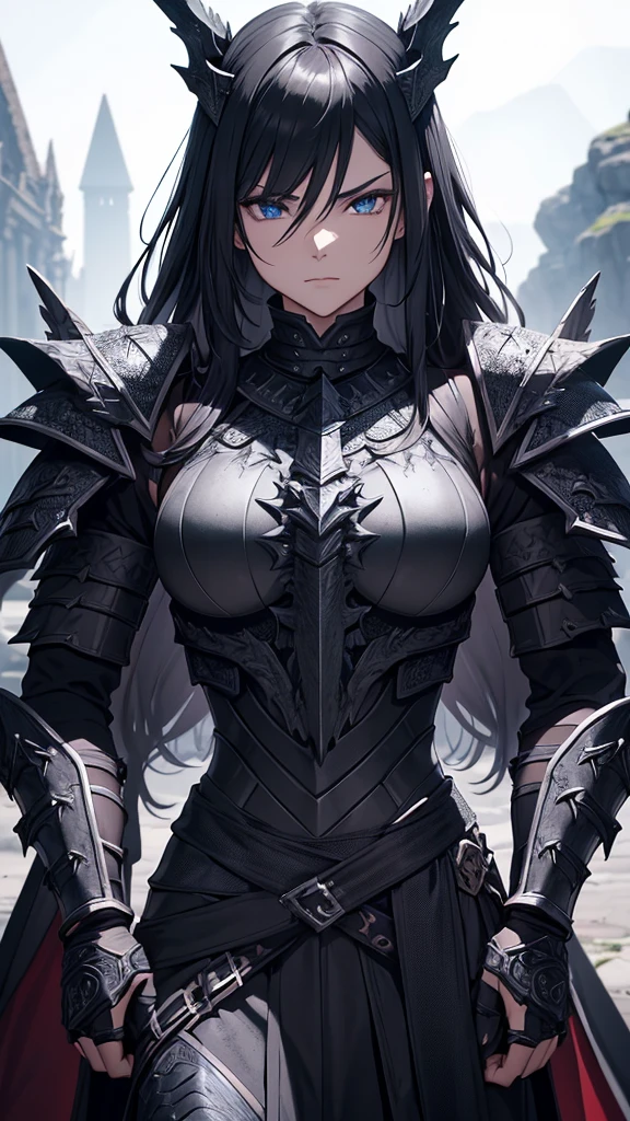 Stunning warrior wearing black armor forged from the scales and bones of Ancalagon, The Black Dragon. The armor is composed of dark metallic plates with a slight bluish glow., engraved with ancient runes. The breastplate fitted to Elara's body is reinforced and decorated with thorns and details that resemble the dragon's scales.. The espaliers imitate the dragon's wings, with sharp edges. The arms are protected by bracers carved in scale patterns, and the legs are covered in greaves and shin guards that offer flexibility and resistance. Elara wears a partial helmet, leaving your face partially exposed. Her bright, expressive green eyes contrast with her black hair., which falls in gentle waves and is partially pinned back. The helmet is adorned with short horns that curve backwards., similar to those of Ancalagon. She holds the Arch of Stars, That shines with an ethereal light, and a legendary dagger, the Blade of Shadow, is attached to your waist. The surrounding scenery is a battlefield, with the colossal body of Ancalagon in the background. NSFW, green eyes