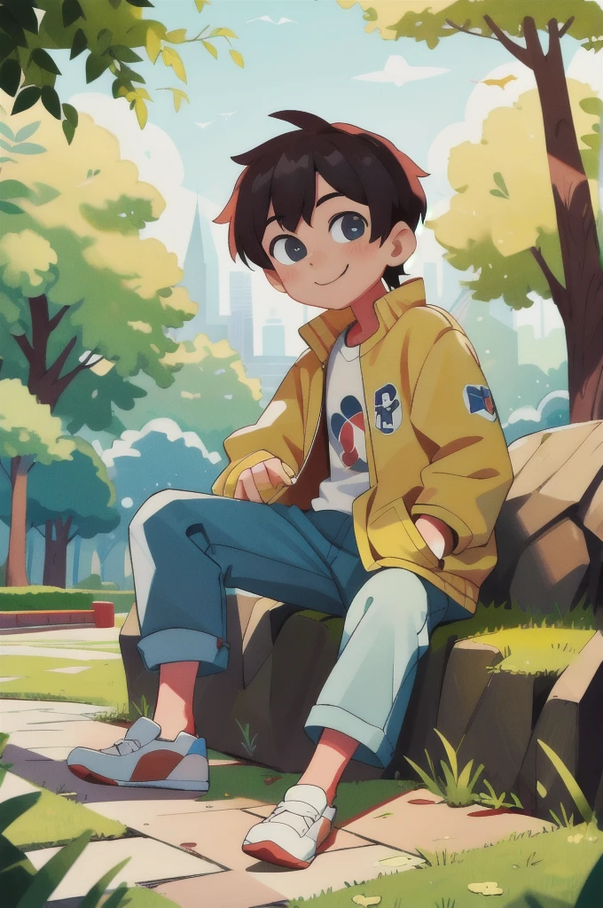 masterpiece,best quality,boys,sitting,park,smile,hand in pocket,looking at viewer