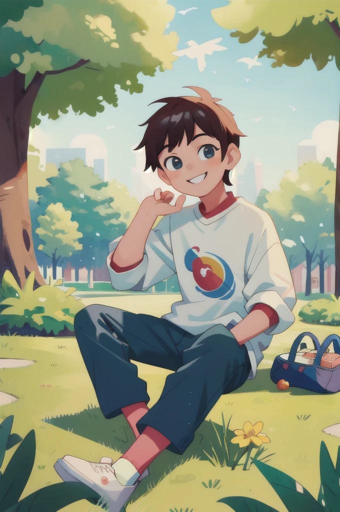 masterpiece,best quality,boys,sitting,park,smile,hand in pocket,looking at viewer