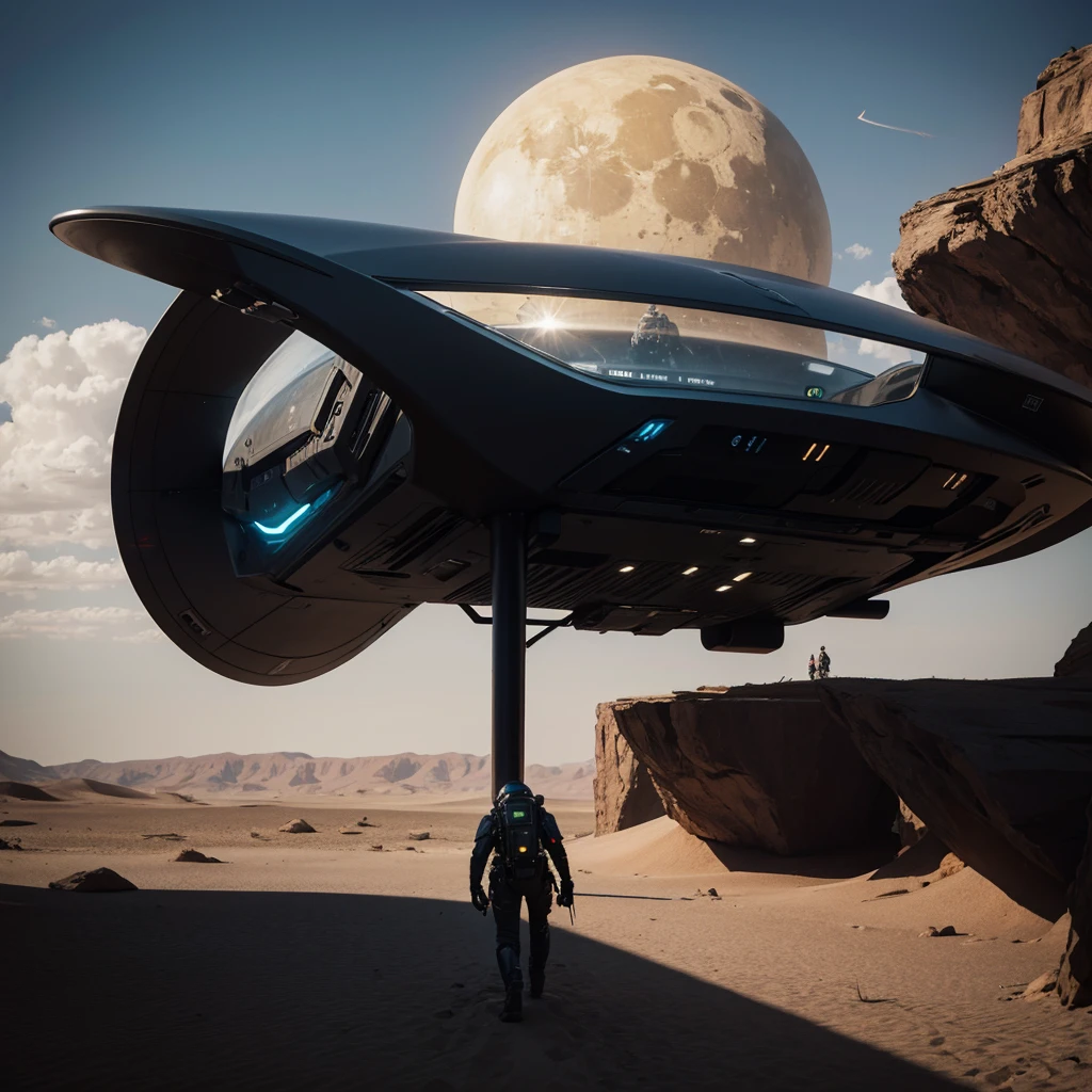 (Best Quality) Futuristic alien ship landing on a desert planet with dark color palette