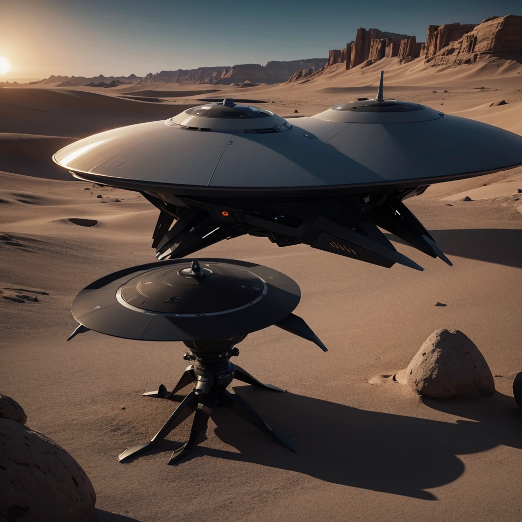 (Best Quality) Futuristic alien ship landing on a desert planet with dark color palette