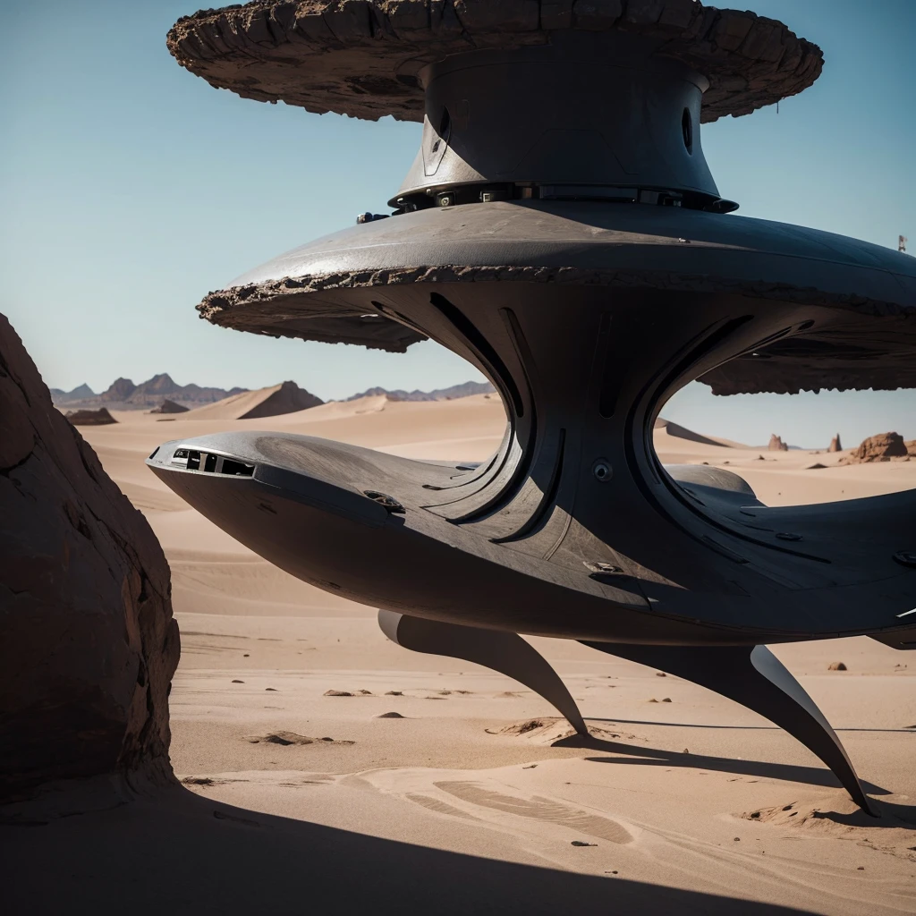 (Best Quality) Futuristic alien ship landing on a desert planet with dark color palette