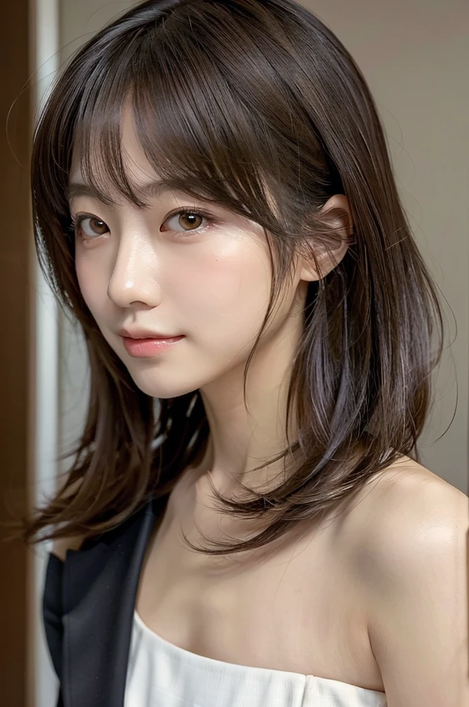 Generate a portrait of a Japanese woman in a suit。She has a refined look、The background is a simple and elegant room.。The hairstyle is chic、The lighter hair color creates a beautiful contrast.。
Making facial expressions more realistic、Make sure your upper body is visible。