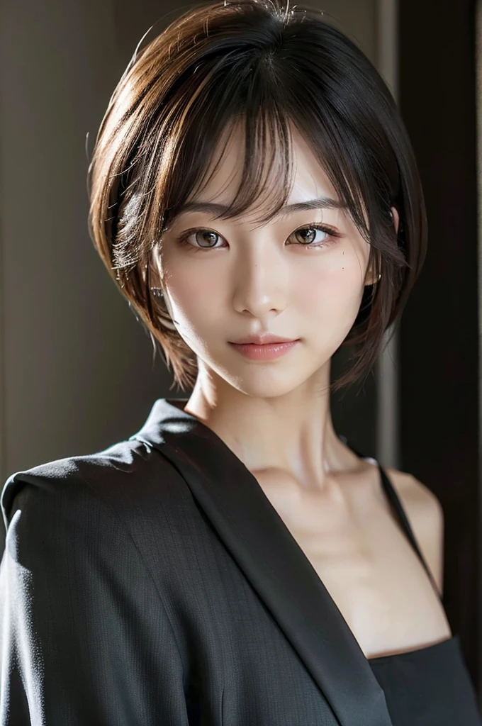 Generate a portrait of a Japanese woman in a suit。She has a refined look、The background is a simple and elegant room.。The hairstyle is chic、The lighter hair color creates a beautiful contrast.。
Making facial expressions more realistic、Make sure your upper body is visible。