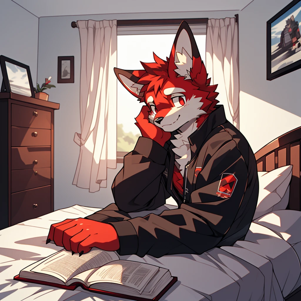 (maximum resolution, dynamic HDR, 4k, Full HD) furry, 18 year old, sad, red fur Rabbit, tall body,red body fur, red eyes, metal clothes, sad smile on face. ,resting,bedroom,upper body,cute,alone,focused on reading