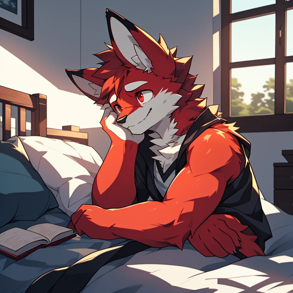 (maximum resolution, dynamic HDR, 4k, Full HD) furry, 18 year old, sad, red fur Rabbit, tall body,red body fur, red eyes, metal clothes, sad smile on face. ,resting,bedroom,upper body,cute,alone,focused on reading