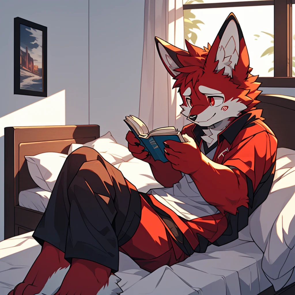 (maximum resolution, dynamic HDR, 4k, Full HD) furry, 18 year old, sad, red fur Rabbit, tall body,red body fur, red eyes, metal clothes, sad smile on face. ,resting,bedroom,upper body,cute,alone,focused on reading
