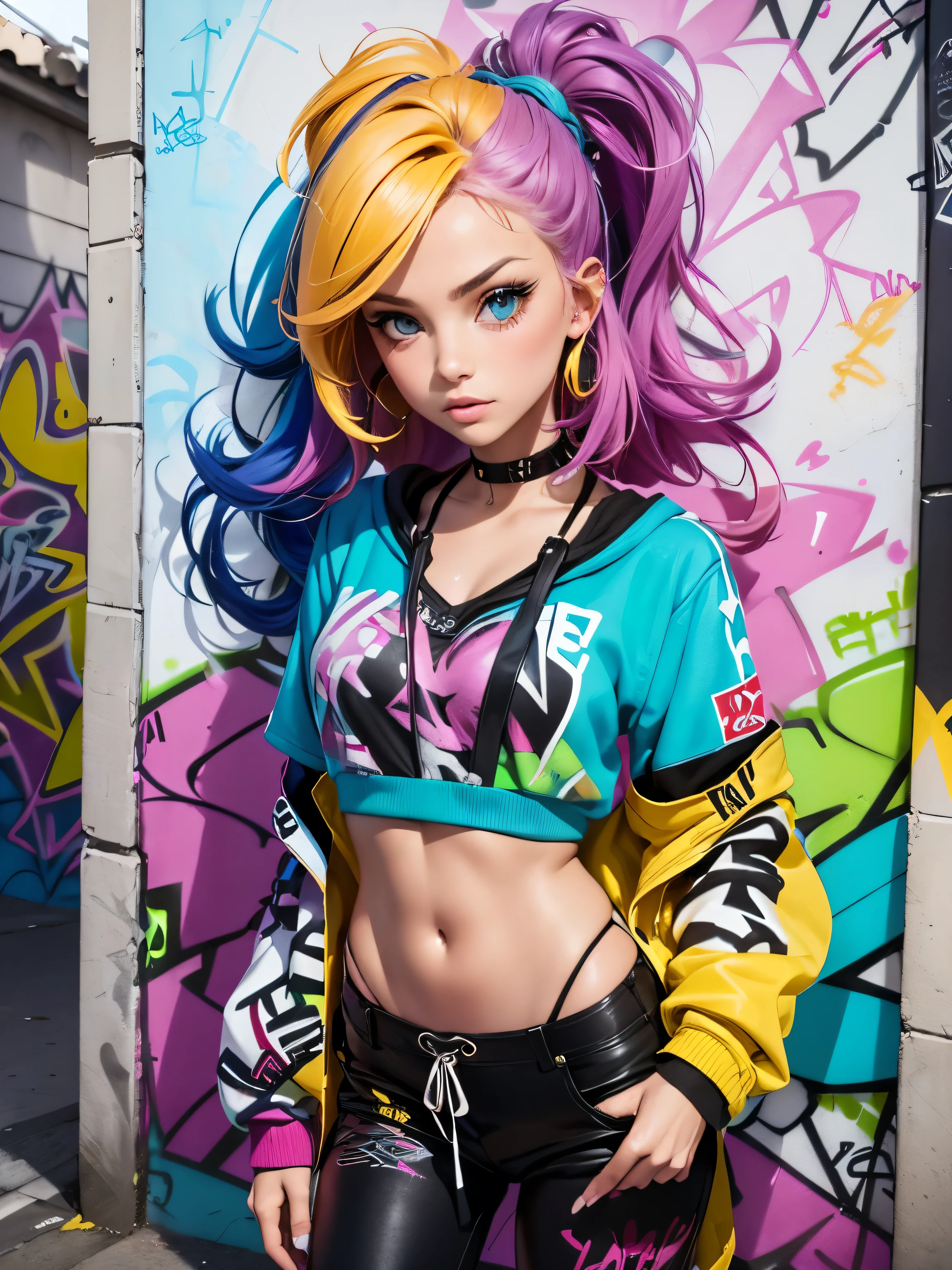 (meilleure qualité), (détail élevé), (Des couleurs vives), (style de graffitis), (style libre), (fermer), (1fille), graffeuse sexy, pulvériser des graffitis sur un mur peint avec du street art, hdr, 4K, 3D, style de graffiti.