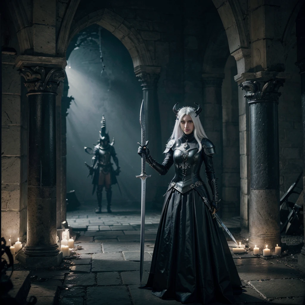 there is a drawing of a woman with a sword and a dress, Рыцарь из Hollow Knight, Шершень из Hollow Knight, Hollow Knight Style, the queen of blades, Fit male demon with white horns, complex fantasy character, fantasy villain ttrpg, unusual fairy king ( with long, Evil character, wielding a sword, minion as a darksouls boss, swordsman