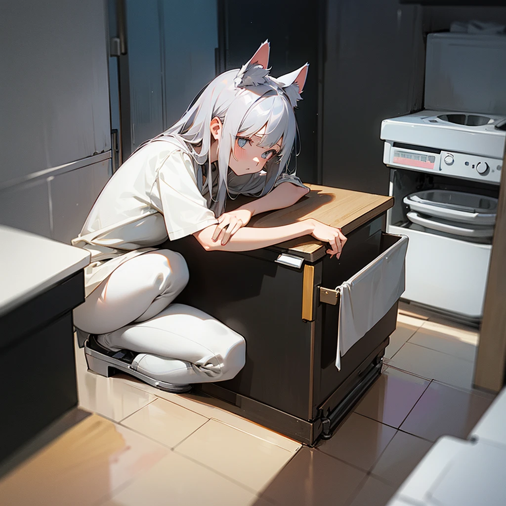 A girl with gray hair with gray cat ears, squatting in the corner of the room, looks confused and a little scared. Background: Kitchen, dishwashing sink, the girl wear nothing, she's completely nude