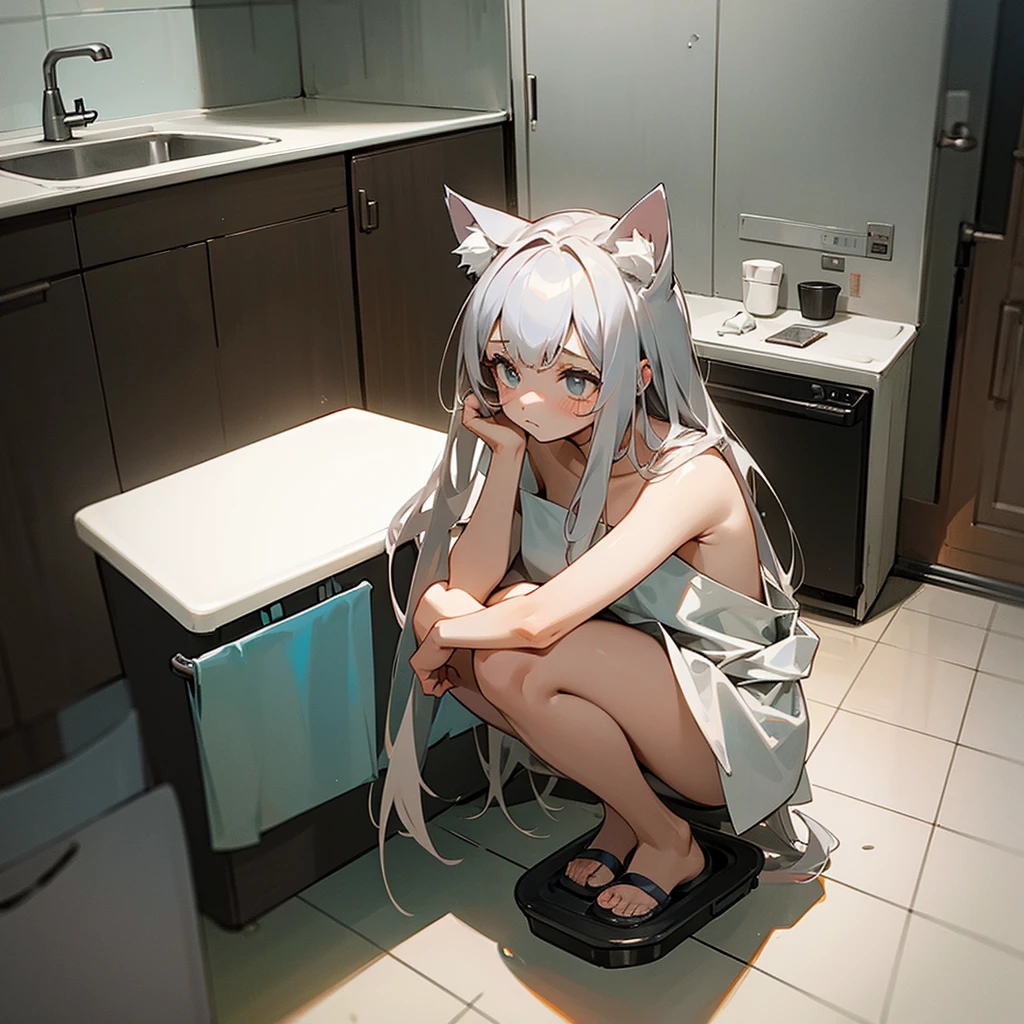A girl with gray hair with gray cat ears, squatting in the corner of the room, looks confused and a little scared. Background: Kitchen, dishwashing sink, the girl wear nothing, she's completely nude