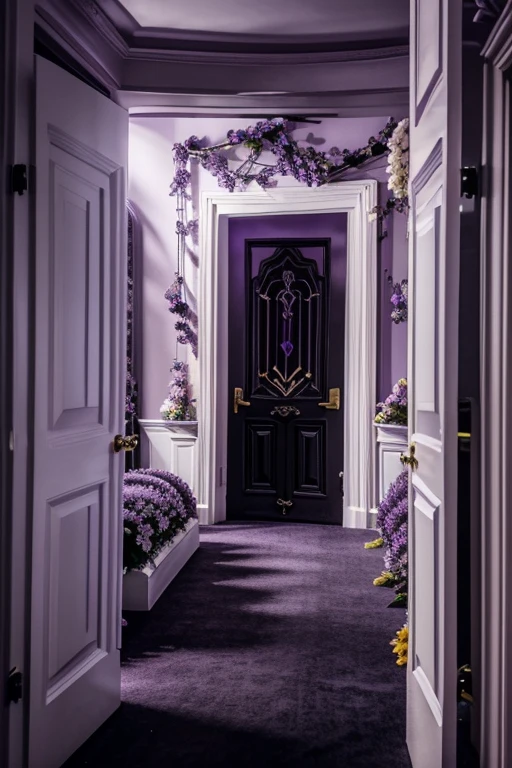 Illuminating the black jungle with white castles, lilac floral madness, violets and yellows, a gloomy room, glamorous and ostentatious in a gothic castle, the door of death