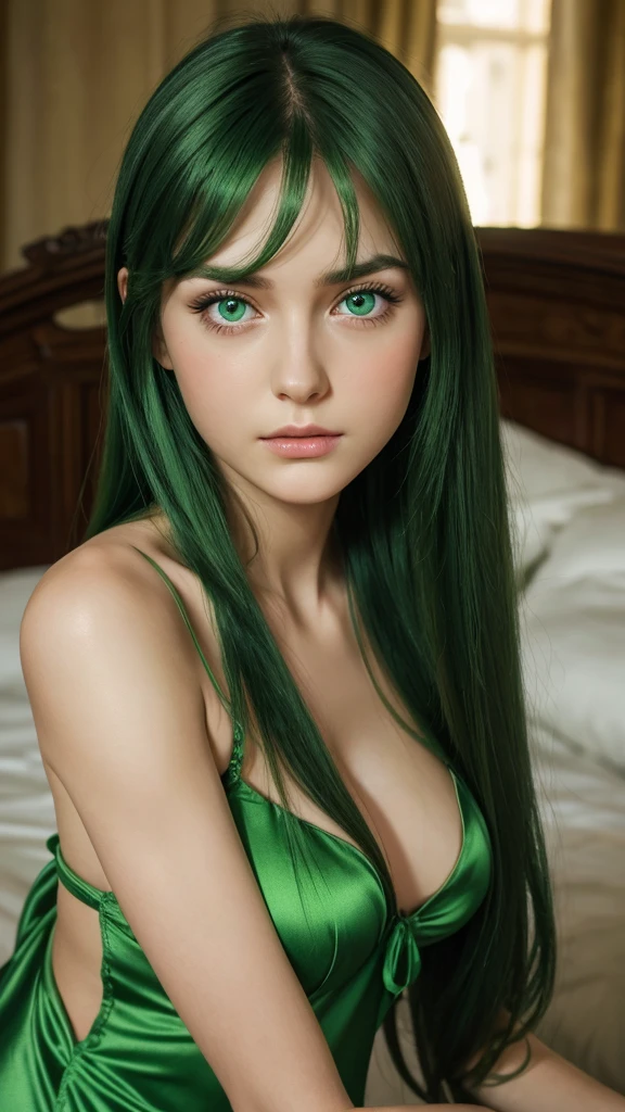 a European girl.  face sent feeling.  Europe.  Oval face.  long face.  delicate facial features.  sad eyes.  seductively seductive.  green eyes.  long straight hair.  green hair.  sad expression.  green silk nightgown.  shy stance.  straight face