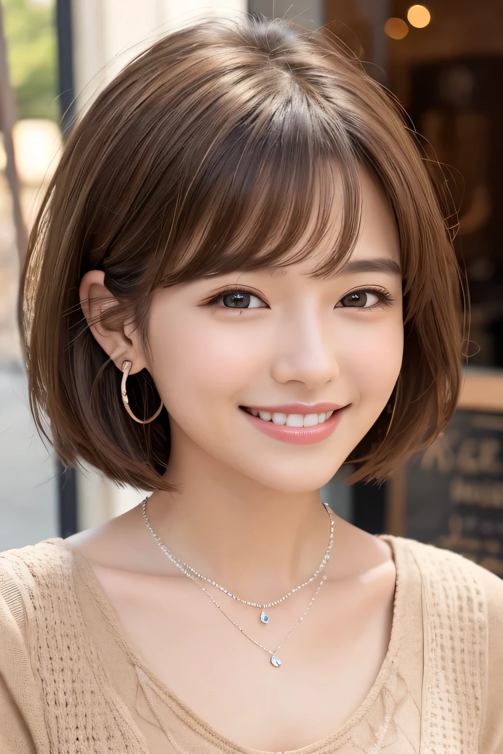 )Light brown hair、Clear beauty、Short Haircut、Wavy Hair、ワンピース、Ear piercing、Necklace around the neck、smile、Beautiful teeth alignment、Intricate details, Very detailed:1.2), 、 Looking into the camera、The background is a coffee shop