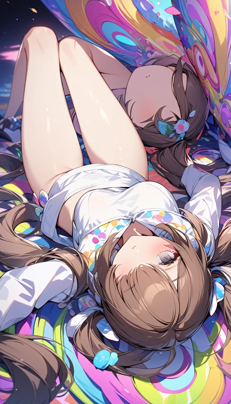 Highest quality masterpiece High resolution masterpiece Brown Hair Grey Eyes、high twintails covering one eye、in the style of psychedelic overload、 lying on back, legs closed