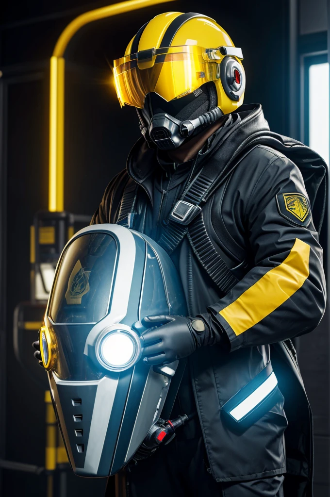 he wears a futuristic suit that has two hoses with a yellow liquid that connect from his helmet-mask to the machine behind his back. He also wears a lab coat, a medic gloves and He has a halo above his helmet. Also his mask is a large visor that mostly only shows the eyes. Cartoon style