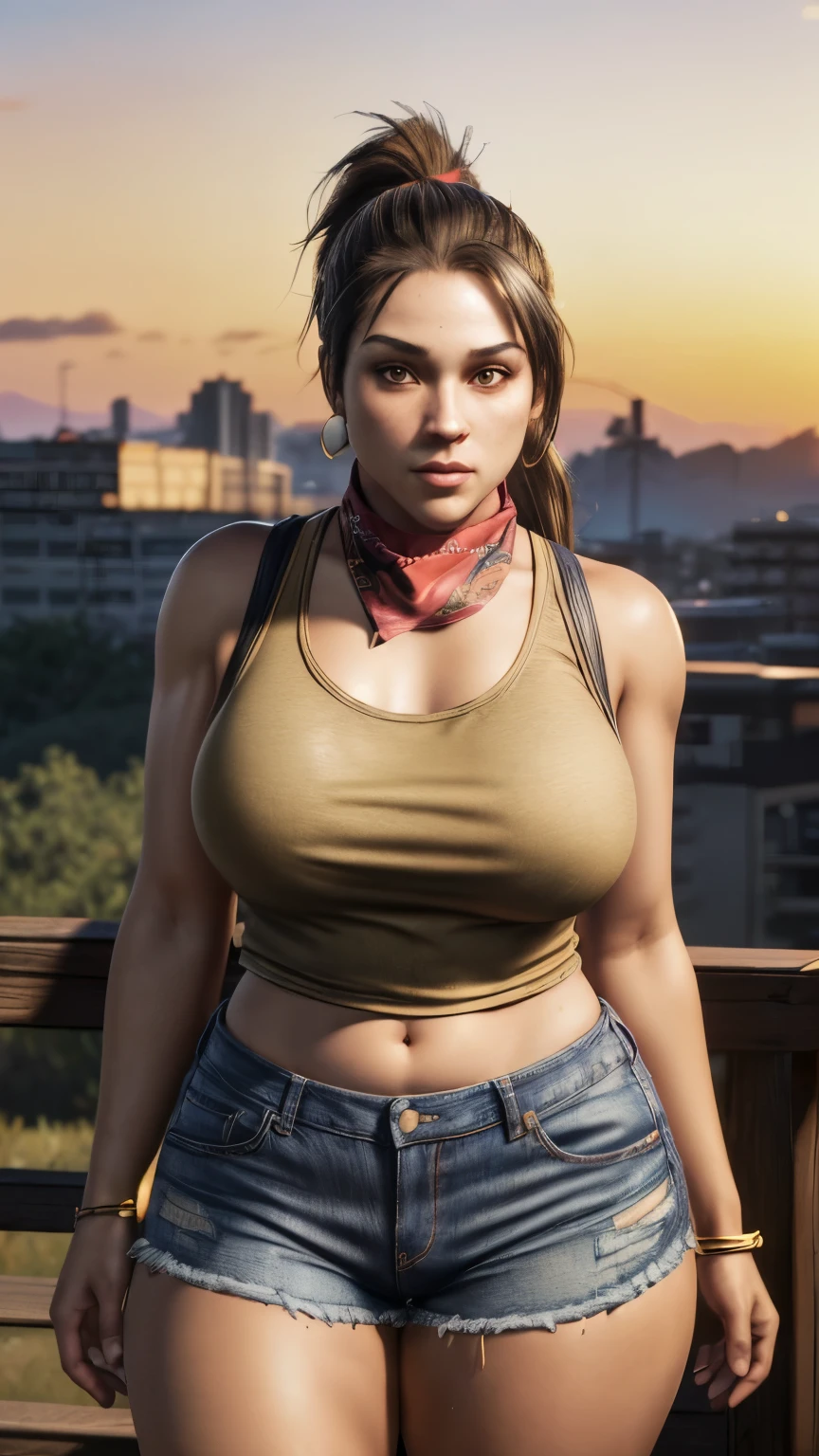 (ultra realistic,32k, masterpiece:1.1),(detailed skin) gtluc ,a woman, black tank top, ponytail, red bandana, denim shorts, (looking at viewer),(golden hour:1.1), , 8k uhd, dslr, high quality, large breasts, thick thighs, curvy hips 