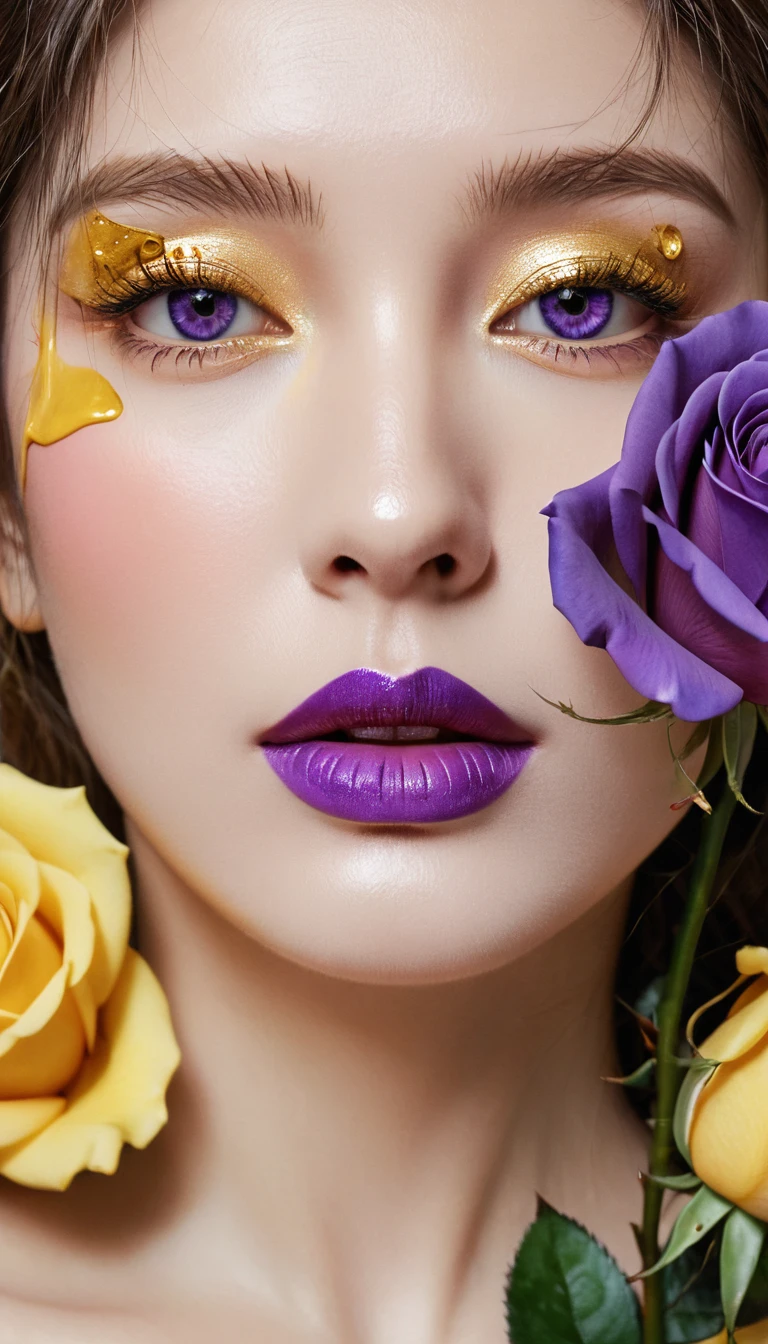 Printing mixed colors. Perfect Simetria. Purple rose in the middle,Next to it is the face of a beautiful woman,The scene is 18 years old,The eyes are shining,With tears,Golden lips.. blush, reflection, tread on. illustration, light. View from the ceiling. Abstract Picasso. For 3D. No agers. Not very realistic. No watercolor