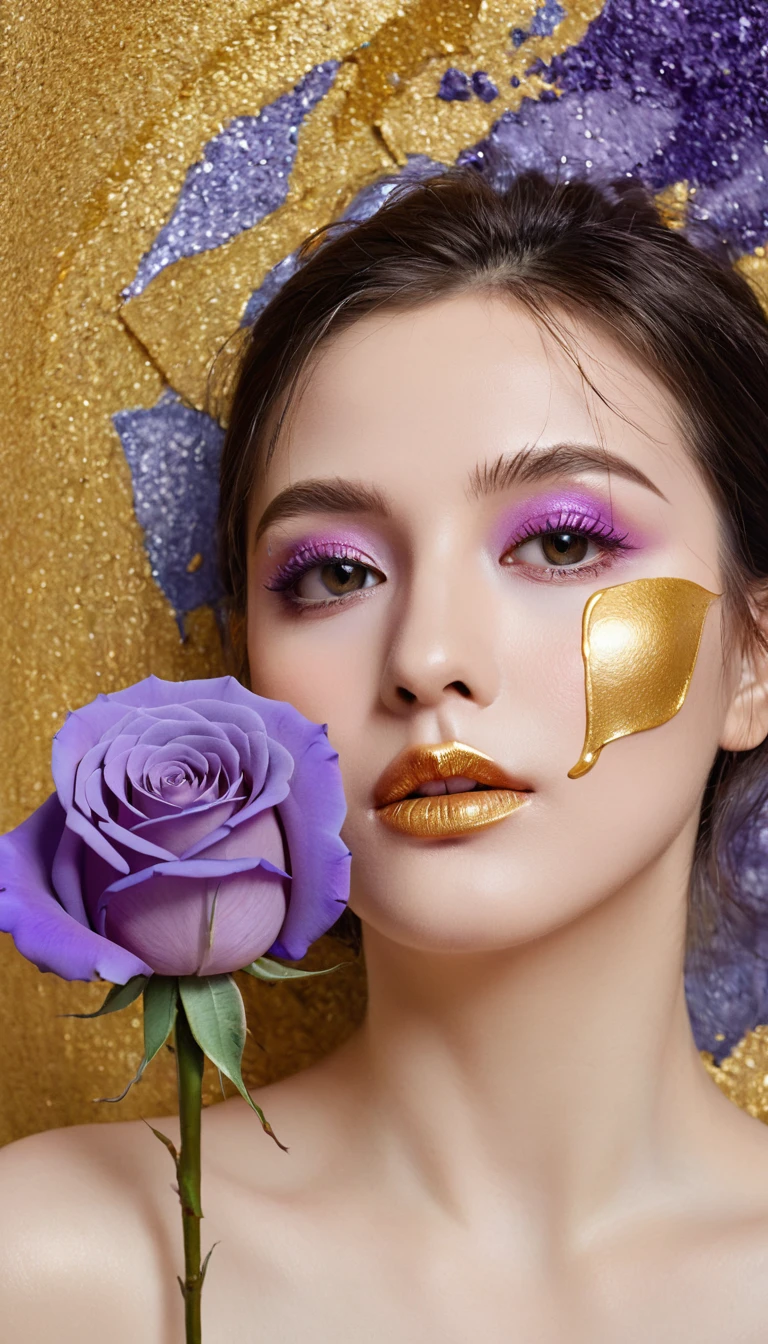 Printing mixed colors. Perfect Simetria. Purple rose in the middle,Next to it is the face of a beautiful woman,The scene is 18 years old,The eyes are shining,With tears,Golden lips.. blush, reflection, tread on. illustration, light. View from the ceiling. Abstract Picasso. For 3D. No agers. Not very realistic. No watercolor