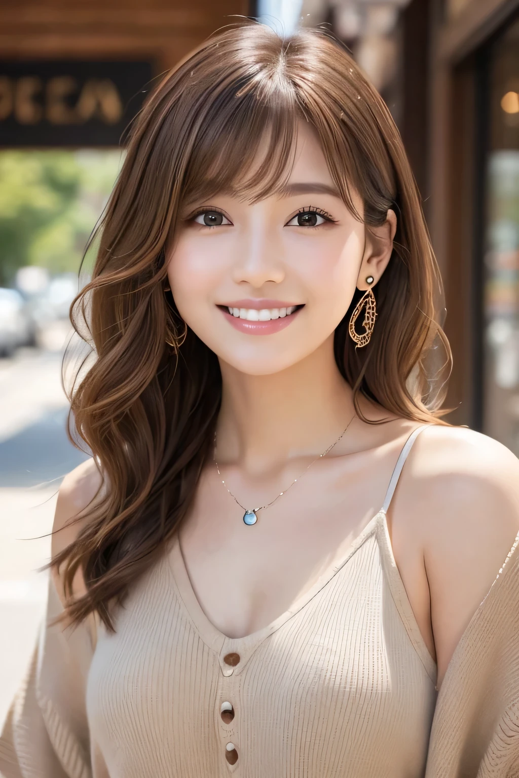 )Light brown hair、Clear beauty、Short Haircut、Wavy Hair、ワンピース、Ear piercing、Necklace around the neck、smile、Beautiful teeth alignment、Intricate details, Very detailed:1.2), 、 Looking into the camera、The background is a coffee shop