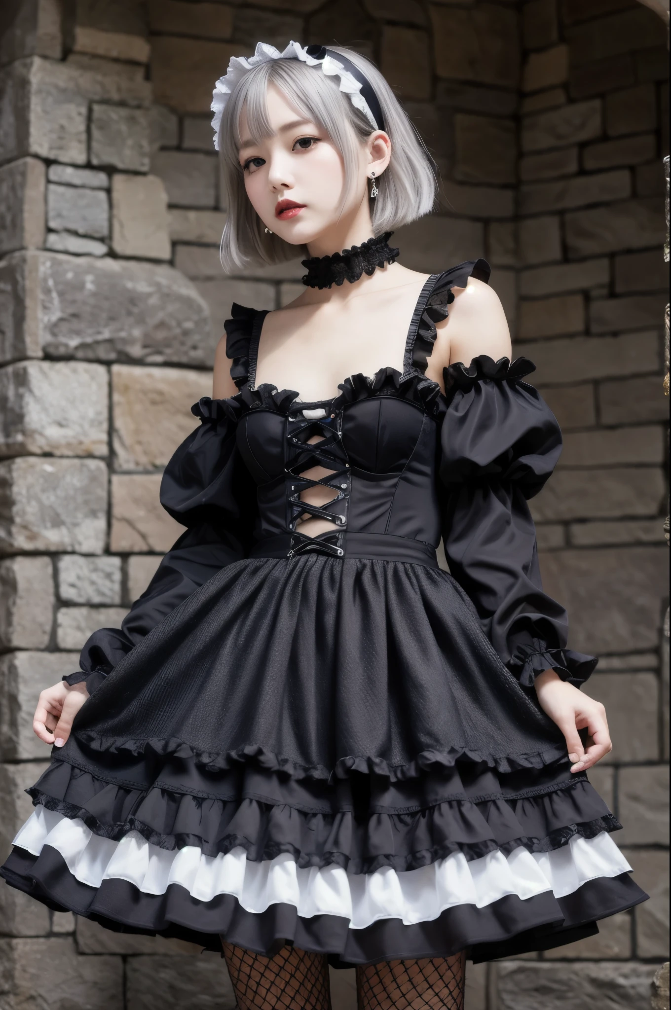 (8K, Photorealistic, Raw photo, Highest quality: 1.4),Japanese idol-style beautiful girl,model,1 person,18-year-old,(Short Bob),(Silver Hair :1.1),She has her hair tucked behind her ears,Headband,Clear grey eyes,Long eyelashes,(piercings(small)),Pale-white foundation,(Lip gloss(Black)),thin long neck,Lace gloves,(gothic lolita dress(Frills,Long skirt)),layer,Fishnet tights,A Gothic-style stone building,Stained Glass Background,Full body portrait