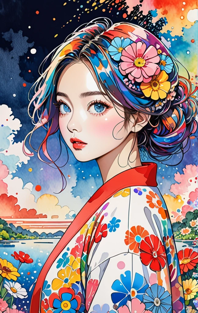 Takashi Murakami style、(((Stylish fashion))), 8K quality、Intense watercolor, Detailed watercolor art, Watercolor splash, surreal, Avant-garde pop art, Beautiful and expressive paintings, Beautiful artwork illustration, Very colorful tones, wonderful, Cool Beauty, Highest quality、Official Art, vector art, stylish design, (((The most beautiful girl))), (((Highest quality))), High resolution, ((detailed)), (((Doodle Art)), ((masterpiece)), ((Super detailed)), (((Colorful flowers))),(((stylish))), Simple line initials，Abstract art，Urban Background, Colorful Hearts ,(((The most beautiful girl of all time))), Microphotography, Mario Cosplay, Vibrant rainbow river, Fireworks in the night sky, Colorful coral reefs, detailed illustration, Ukiyo-e style