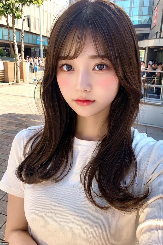 masterpiece、Flat Color、Depth of written boundary、Lens Flare 1 Girl、Brown Hair、Staring at the audience、bulging big breasts、Japanese 、Small face、bangs over eyeouse-colored eyes