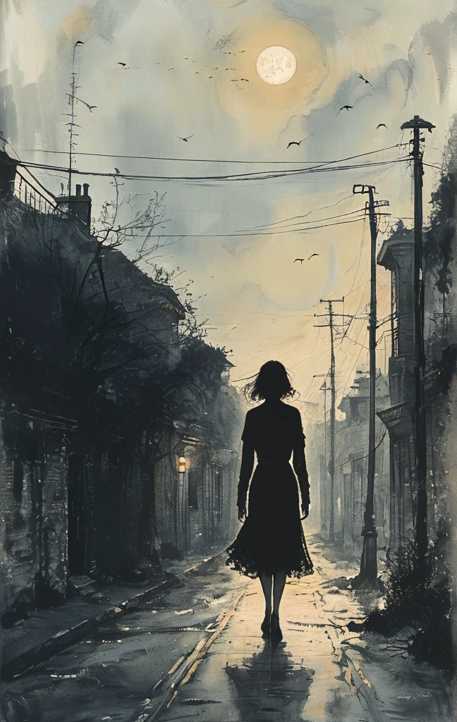A woman walks in the pitch-dark streets, drooping her head as if in the depths of despair, The woman in despair is suddenly illuminated by the headlights of an intensely bright car and the world is instantly illuminated in a bright white light