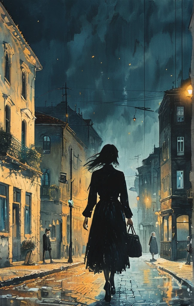 A woman walks in the pitch-dark streets, drooping her head as if in the depths of despair, The woman in despair is suddenly illuminated by the headlights of an intensely bright car and the world is instantly illuminated in a bright white light