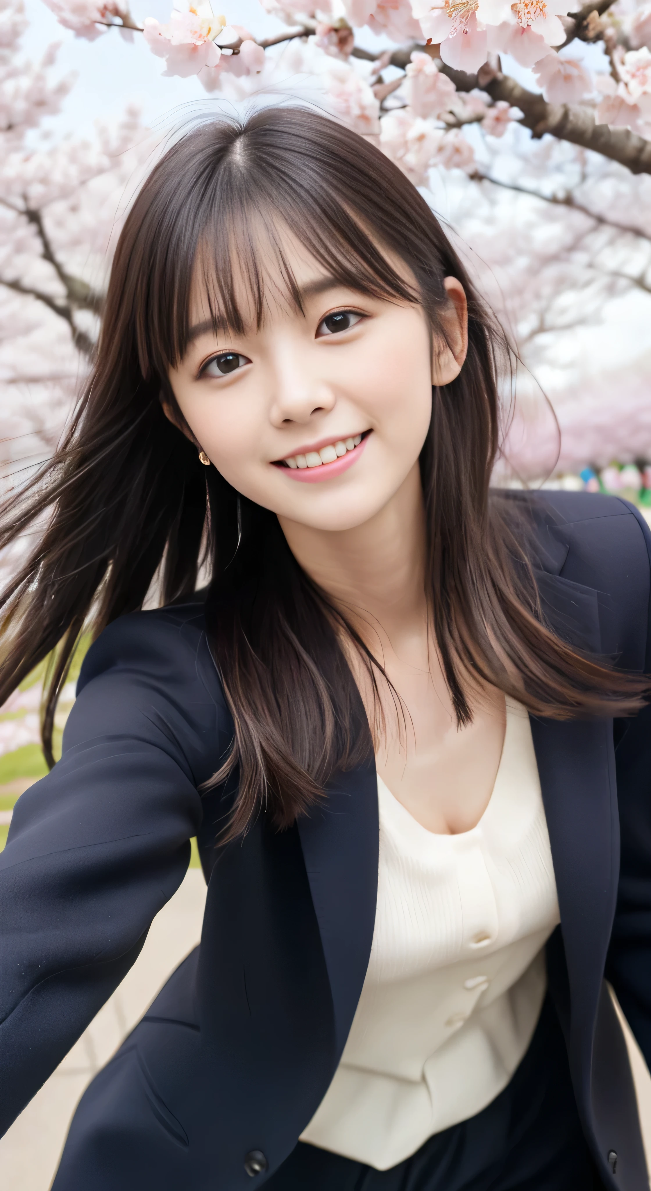 (slender small breasts and long hair,,,、Close up portrait of one girl with dull bangs in spring coat and shirt :1.5)、(Low angle shot of a girl dancing happily、the hair flutters with the wind :1.5)、(Rows of cherry blossom trees in full bloom and cherry blossom petals dancing in the wind:1.5)、(Perfect Anatomy:1.3)、(No mask:1.3)、(complete fingers:1.Phototriaritic、Photography、masutepiece、top-quality、High resolution, delicate and pretty、face perfect、Delicate and beautiful air skin around the eyes、Real Human Skin、pores、((thin legs))、(Dark hair)