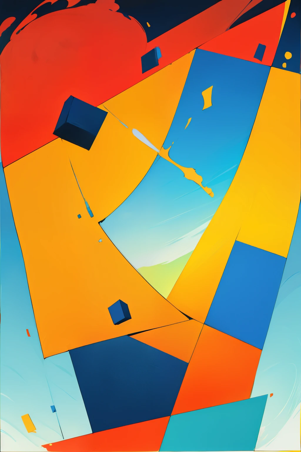In the heart of a vast, minimalist canvas, an abstract masterpiece unfolds. Following the principles of Piet Mondrian's Composition, a harmonious interplay of red, blue, and yellow hues dominates the scene. A bold, uninterrupted red rectangular plane represents the earth's vitality, while the serene blue square symbolizes the boundless sky. A vibrant yellow diagonal line intersects these two primary elements, representing the dynamic interplay of these fundamental forces. The colors are meticulously applied, their edges crisp and defined, in a testament to the artist's masterful control over the medium. The composition is balanced and harmonious, evoking a sense of tranqu