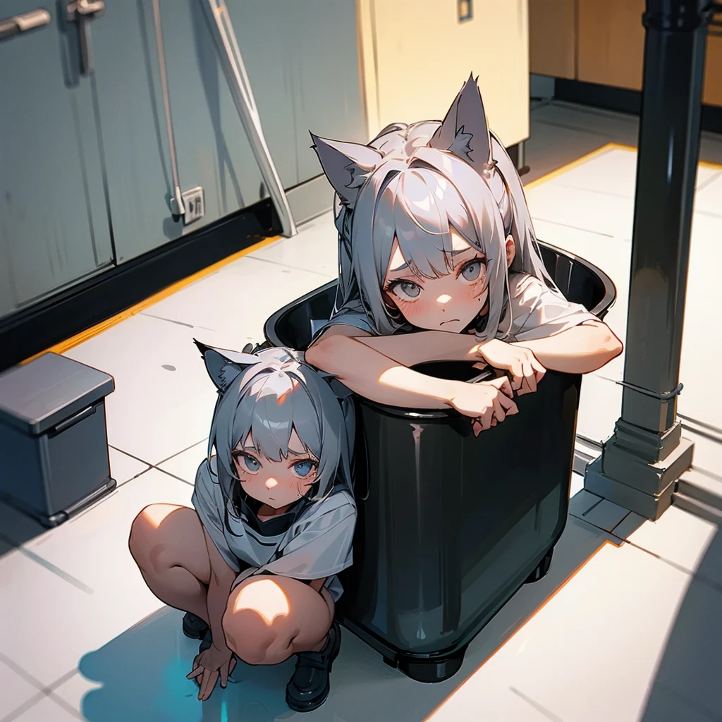 A girl with gray hair with gray cat ears, squatting in the corner of the room, looks confused and a little scared. Background: Kitchen, dishwashing sink, the girl wear nothing, she's completely nude, Remove the girl outside the container