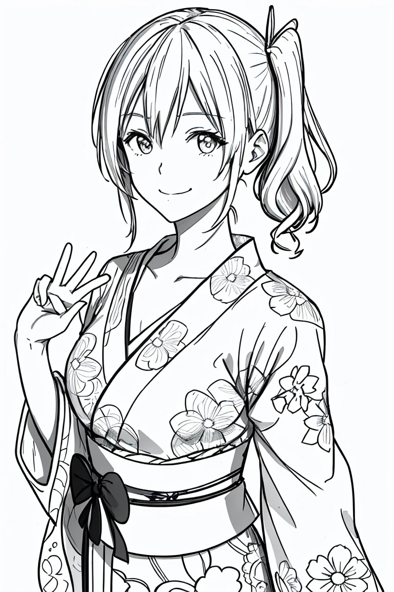 masterpiece,, One Girl, alone, short, White Background, Monochrome, Line art, ((sketch))、look forward to、Wear a yukata、I'm tying my hair、smile、Wave your right hand、Side Ponytail、Wink、Close one eye、It's five fingers