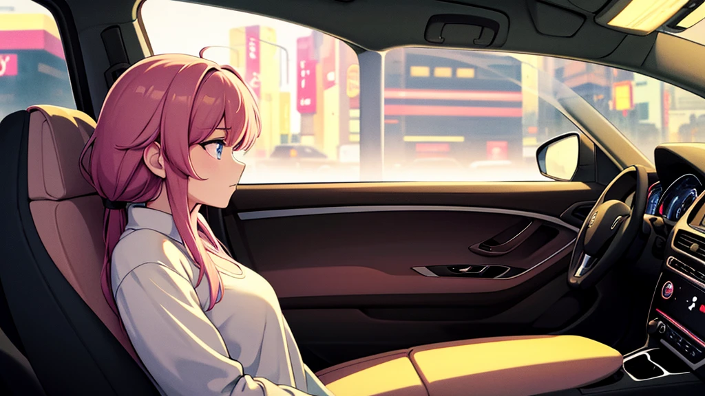 Create an image from the angle inside a car, showing a woman with a thoughtful expression on her face as she gazes out of the side window at the cityscape. The city outside should be visible, illuminated by streetlights and neon signs. Use soft, pastel colors and subtle gradients to capture a dreamy, reflective atmosphere. Ensure the interior of the car feels cozy and comfortable, adding to the overall serene vibe.窓の外を見ている。

