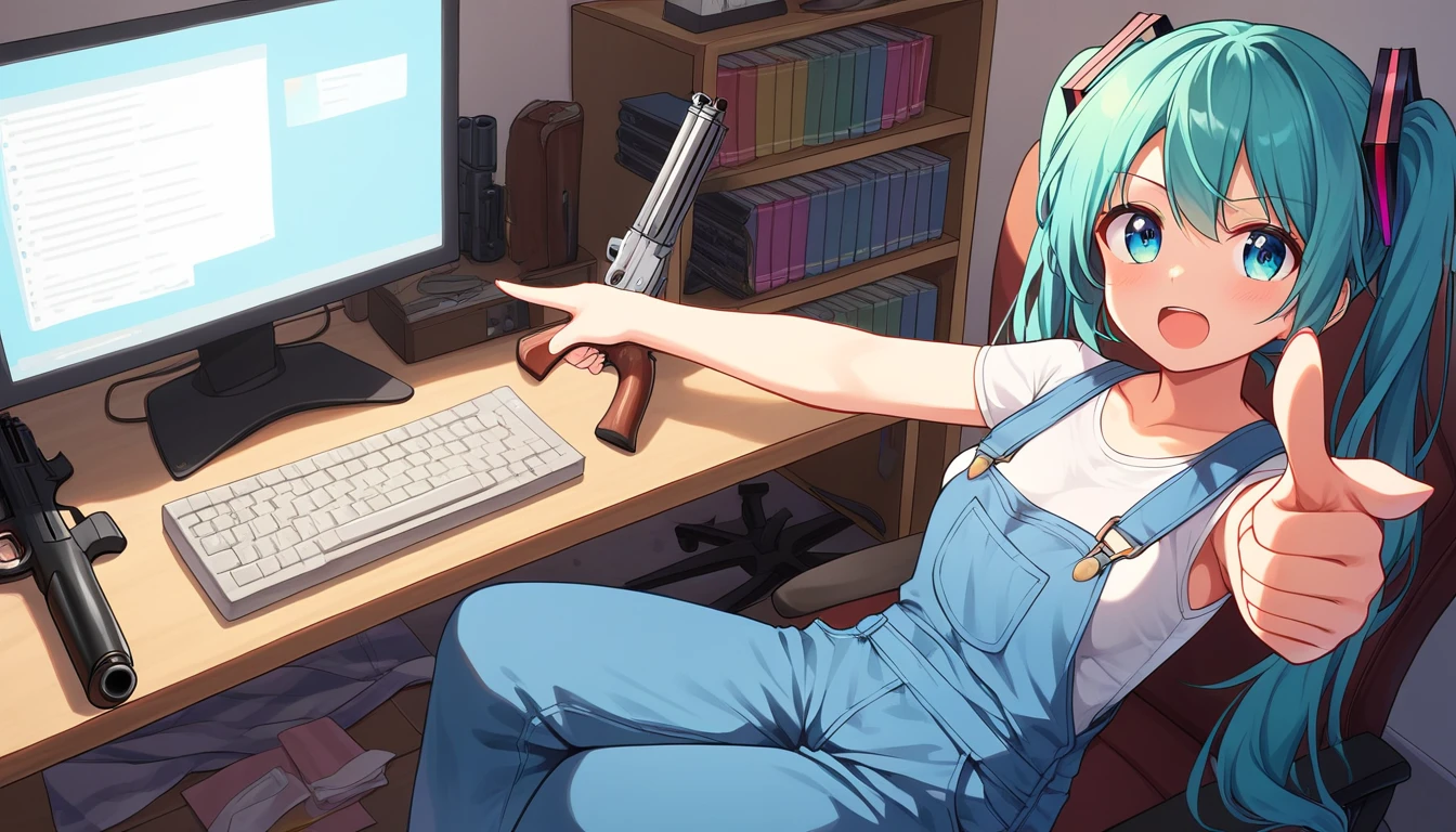 ((1girls:1.3)), ((moe style:1.3)), ((overalls:1.3)), ((computer shop:1.3)), ((gun:1.3)), ((pointing gun:1.3)), ((shotgun:1.3)), hatsune miku, thinking, ((perfect face)), ((extremely cute:1.3)), ((masterpiece:1.3)), ((8k)), ((best quality:1.3)), ((beautiful)), ((extremely detailed:1.3)) , ((absurdres)), AddXL, ((score_9:1.3)), ((score_8_up:1.3)), ((score_7_up:1.3)), Expressiveh