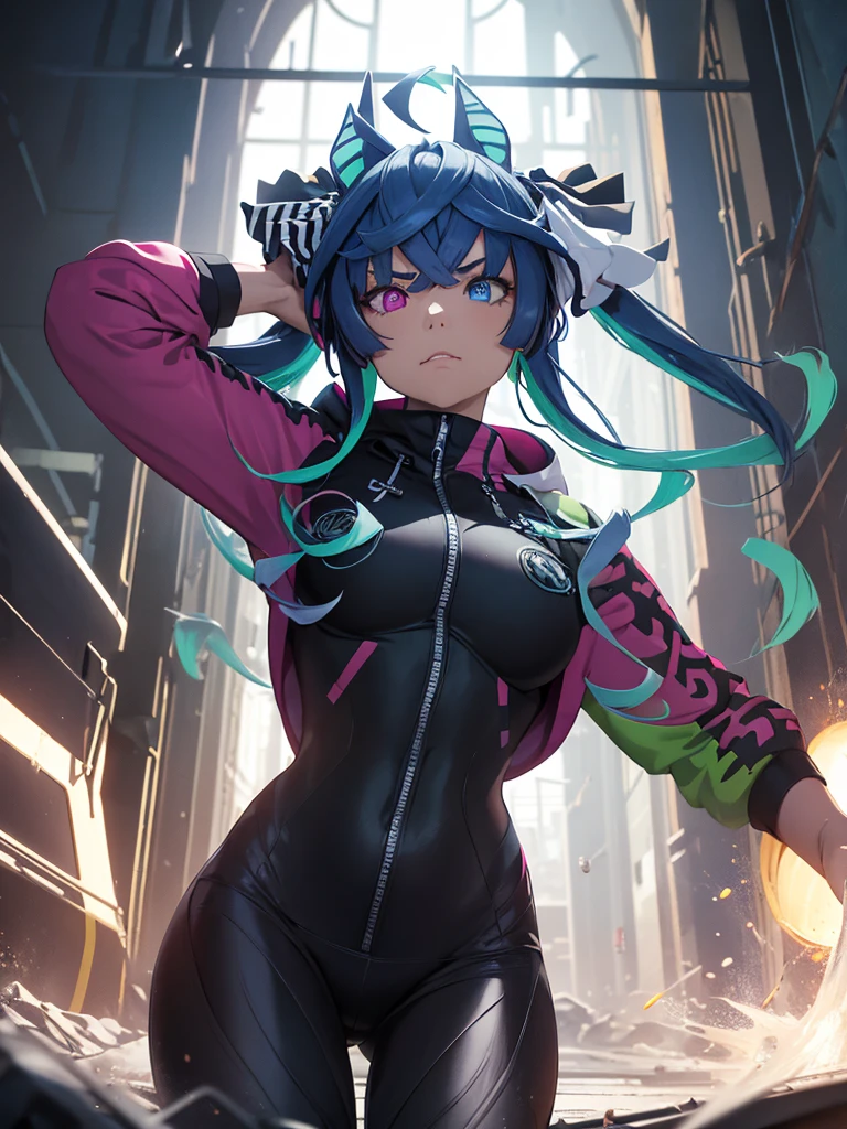 (Masterpiece, best quality, high res、highly detailed cg: 1), Create an image of a formidable, imposing figure from behind, viewed from the perspective of a person lying on the ground looking up. The figure should have an aura of power and menace, with a grand and intimidating presence. The setting should emphasize the dramatic scene, possibly with a dark, ominous background. Twin_Turbo_Umamusume, aqua hair, twintails, heterochromia, purple eyes, blue eyes, sharp teeth, multicolored hoodie, black leggings,