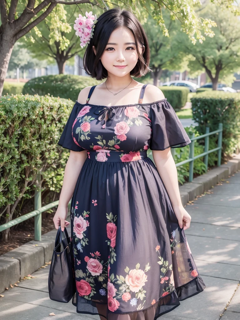 A beautiful and hot almost chubby mature woman.who is wearing a patterned short dress and is and standing in the park. A smiling face、sexy woman、A radiant smile、adorable、race、Frills、Colorful design、Full-length mirror、An inviting gaze、Gorgeous long and beautiful hairstyle、variation Hairstyle、Open neck blouse、Flower Garden、Sparkling、Elegant Princess