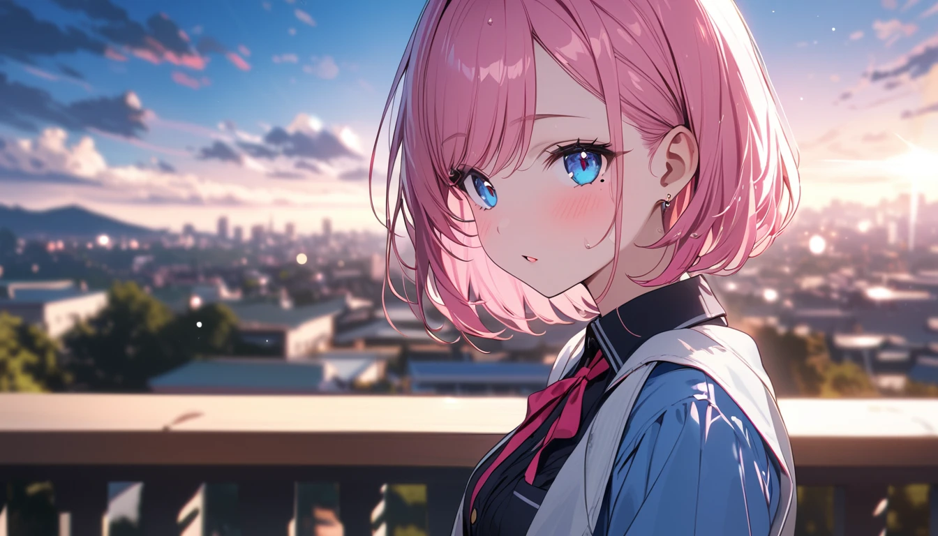 (1 girl),(Best Picture Quality, 8K, Masterpiece:1.3), (high school student:1.5), ((pink lob hair:1.1)), (bob cut),(swept bangs), (cute eyes, pupil black, iris skyblue, youthful face), (mole under right eye), (standard weight), (small breasts), (glistening skin:1.1),(pale skin:1.2), ((Gyaru fashion:1.3)),(wet:1.1),(blue sky, blurry, blurry background, chromatic aberration, cloud, cloudy sky, day, depth of field, glint, outdoors, sky),(magnificent view),(overlooking).