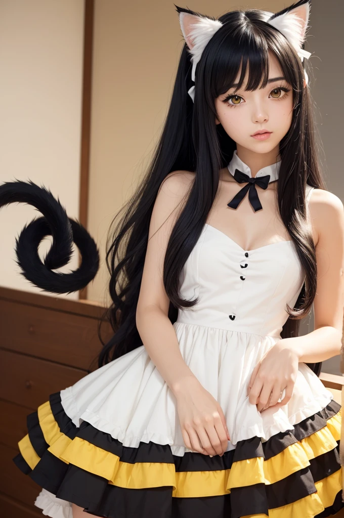 ((アニメ)), girl with cat ears, garota jovem, Super beautiful, blackquality hair, cat ears and tail, yellow eyes, yellow and white dress