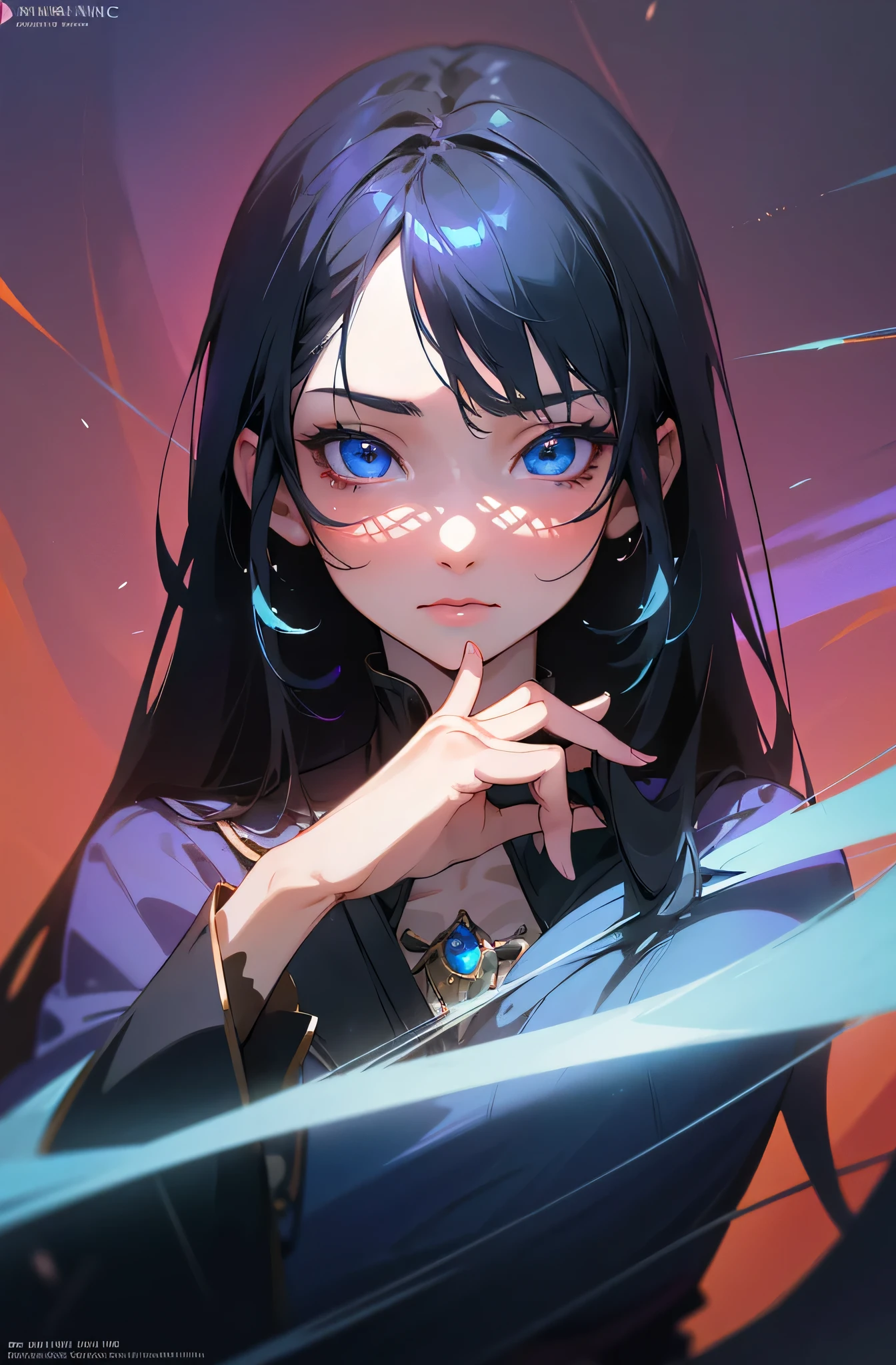 a beautiful anime girl with long black hair and bright blue eyes, detailed face, looking straight at the camera, flawless skin, elegant posture, colorful fantasy background, (best quality,8k,highres,masterpiece:1.2),ultra-detailed,(realistic,photorealistic:1.37),digital art, vibrant colors, cinematic lighting, magical atmosphere