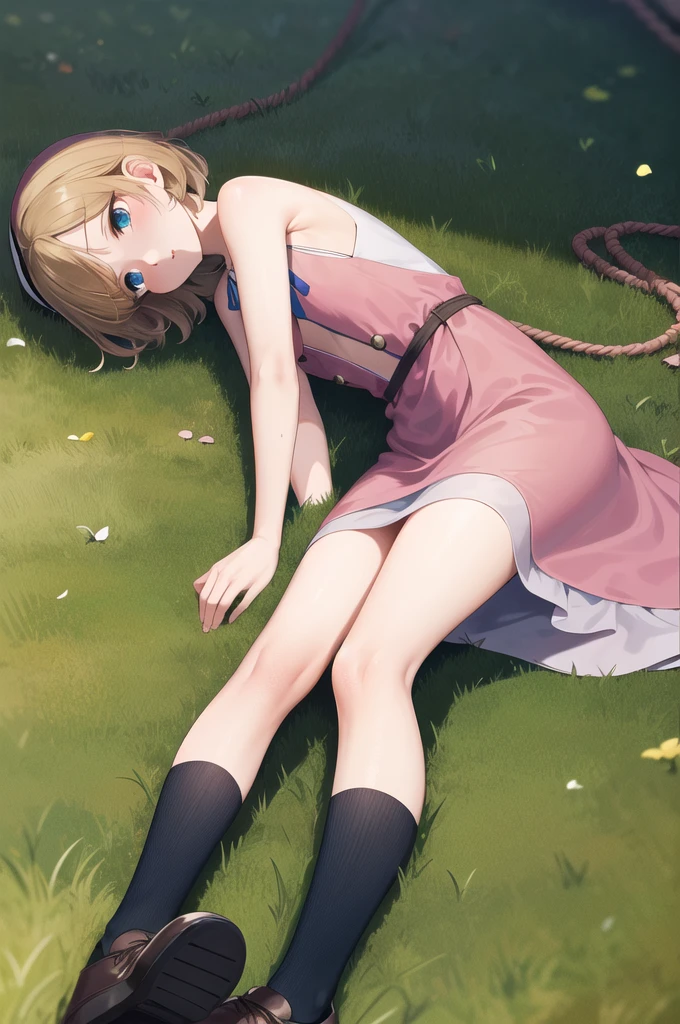 masterpiece, Highest quality, High resolution, Serena, alone, short hair, Pink hat, eyelash, blue eyes, Neck ribbon, Blue Ribbon, (Pink Dress:1.2), No sleeve, Bare arms, Black knee socks,Tied up with rope,Lying down,Struggling