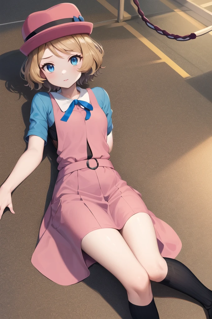 masterpiece, Highest quality, High resolution, Serena, alone, short hair, Pink hat, eyelash, blue eyes, Neck ribbon, Blue Ribbon, (Pink Dress:1.2), No sleeve, Bare arms, Black knee socks,Tied up with rope,Lying down,Struggling