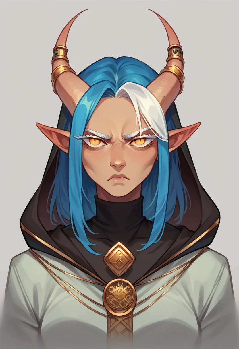 Serious woman, Tiefling Breed, beige skin, completely golden eyes and white eyelashes, sharp syrup, straight blue hair with white highlights, with black rogue clothes, long sleeves and a hood, finally some gold accessories