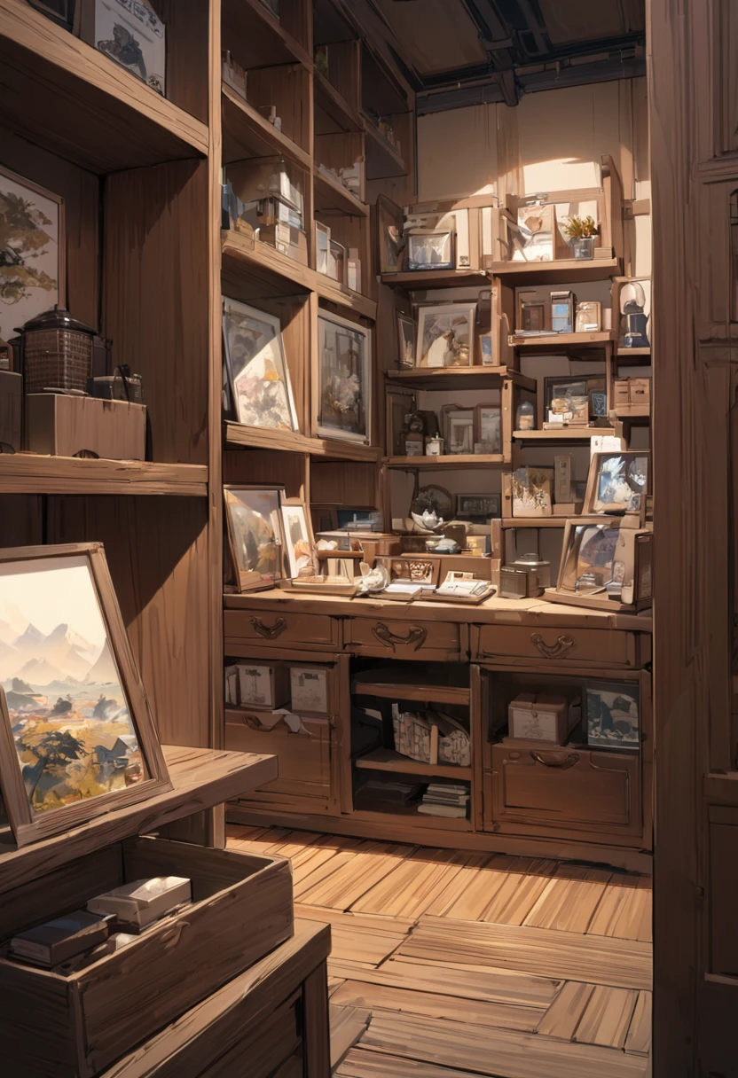 有一个白色的shelf，There are many different items on it., shelf, shelf full, shelf, tidy, tidy有序, 产品exhibit, Detailed scenery —width 672, simple wood shelf, detailed picture, Bottom Angle, high quality], Large, medium and small, In the small room, exhibit, Product introduction photos, horizontal, Heavy Vignette!, short bookshelf