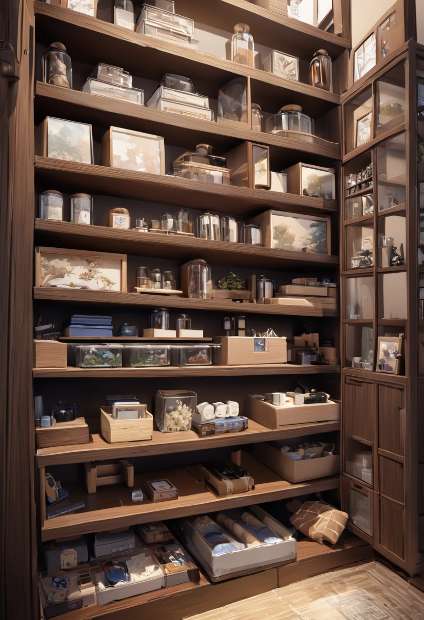 有一个白色的shelf，There are many different items on it., shelf, shelf full, shelf, tidy, tidy有序, 产品exhibit, Detailed scenery —width 672, simple wood shelf, detailed picture, Bottom Angle, high quality], Large, medium and small, In the small room, exhibit, Product introduction photos, horizontal, Heavy Vignette!, short bookshelf